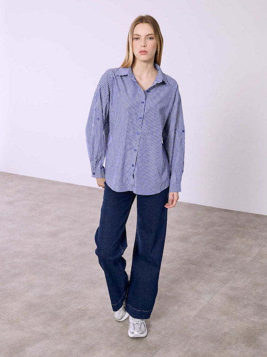 Celestino Damenhemden Gestreift Asymmetrisch Strass Loose Fit Blau