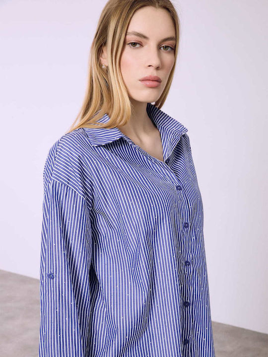 Celestino Damenhemden Gestreift Asymmetrisch Strass Loose Fit Blau
