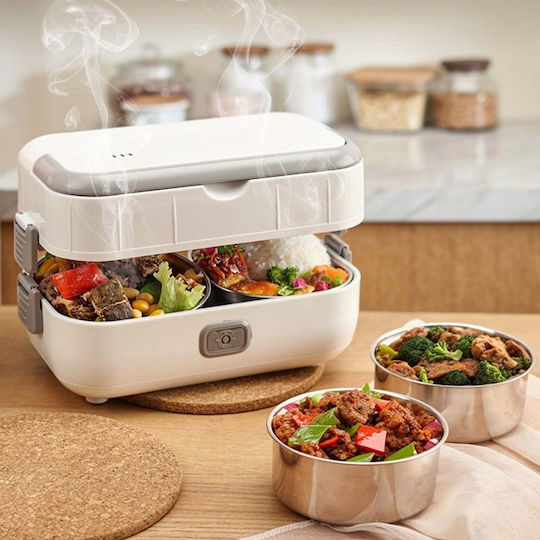 Avizar 2l Double Layer Electric Food Warmer Removable Stainless Steel Bowls White Gray