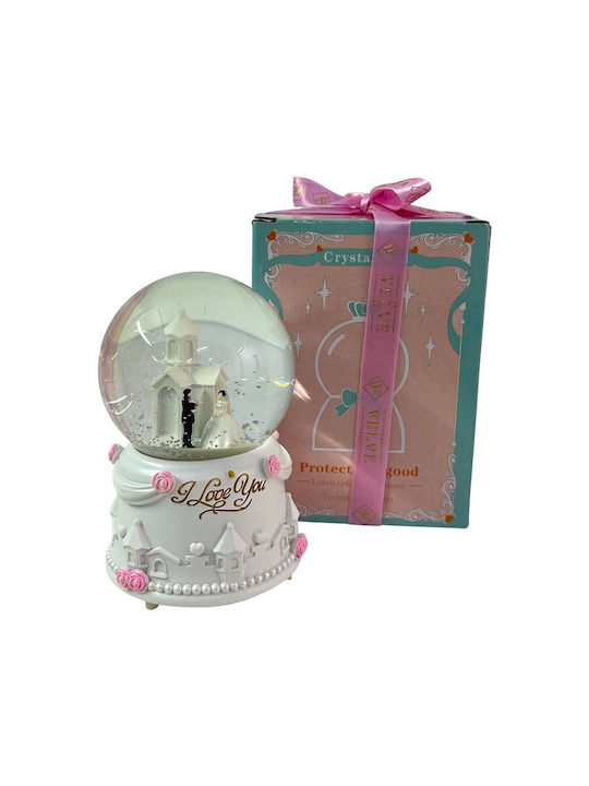 Glass Musical Globe Bride Groom Little Church "i Love You" Message Decorative Resin Stand