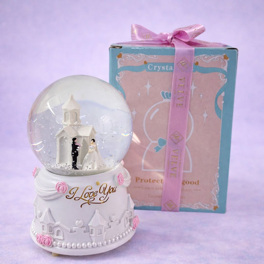 Glass Musical Globe Bride Groom Little Church "i Love You" Message Decorative Resin Stand