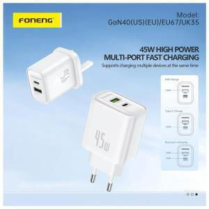 Foneng Φορτιστής GaN με Θύρα USB-A και Θύρα USB-C και Καλώδιο USB-C - USB-C 45W Power Delivery Λευκός (EU67)