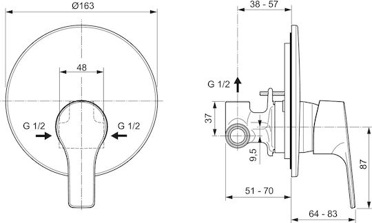 Ideal Standard Σετ Μίκτης & Παροχή Εντοιχισμού για Ντουζιέρα Ασημί
