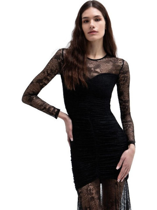Maxi Evening Dress Drape with Lace Black