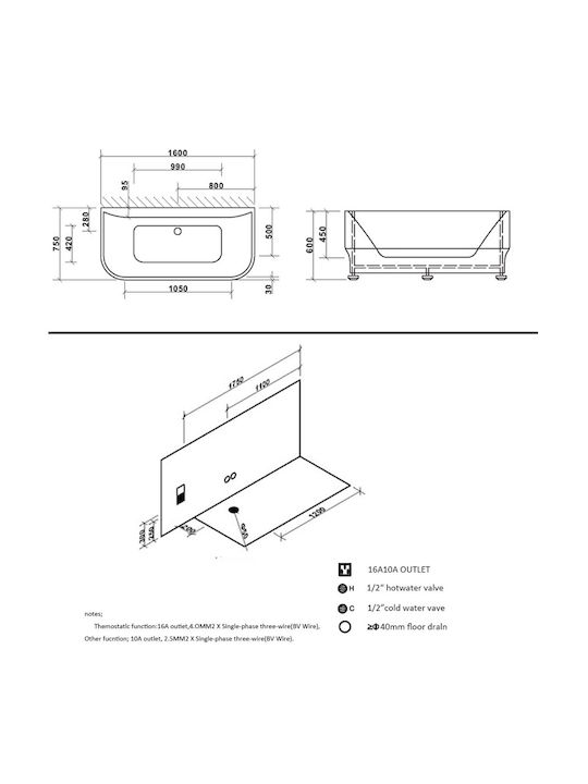 Piccadilly Acrylic Bathtub with Hydromassage 160x75cm