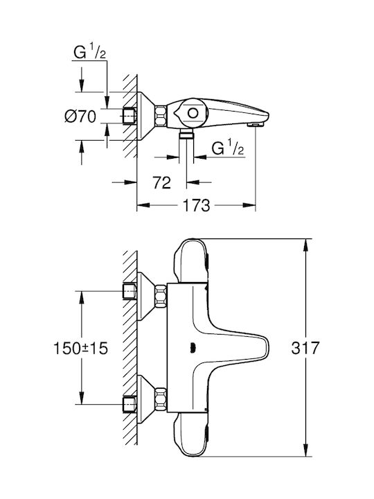 Grohe Grohtherm 1000 Αναμεικτική Μπαταρία Ντουζιέρας Θερμοστατική Πλήρες Σετ Ασημί