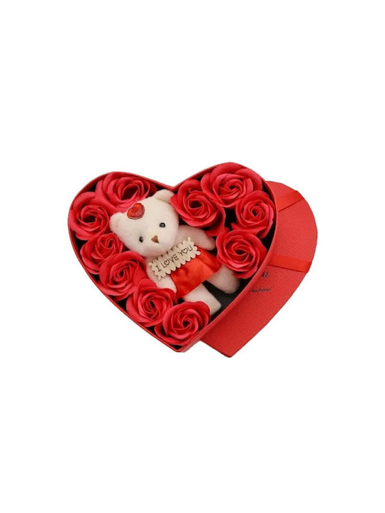 Geschenkbox Herz Rot Bärchen 10 Dekorative Rosen 17x15,5cm