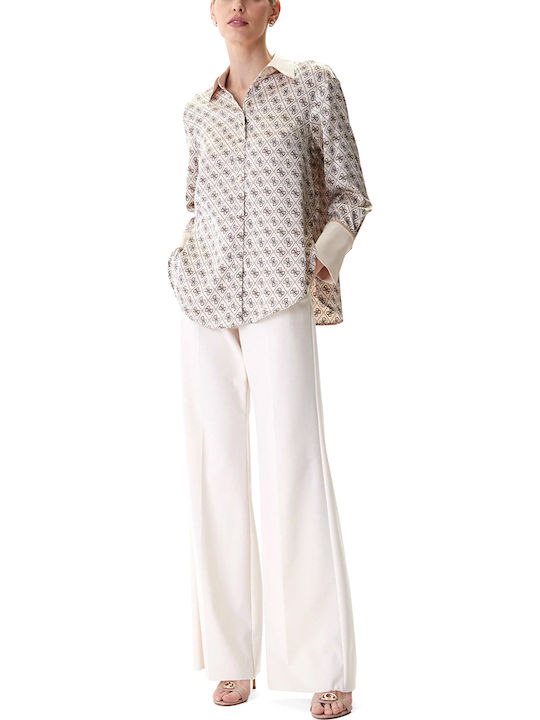 Langärmelig Damen Hemd Beige Blumen