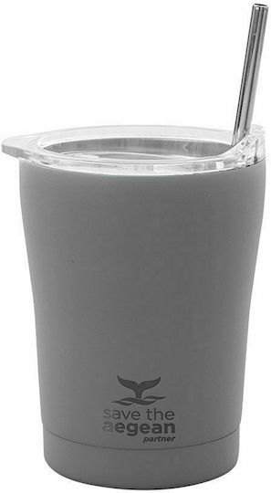 Estia Coffee Mug Save The Aegean Recyclable Glass Thermos Stainless Steel BPA Free 350ml Grey with Straw
