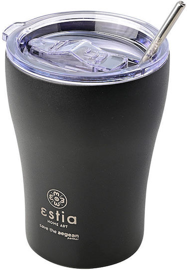 Estia Coffee Mug Save The Aegean Ανακυκλώσιμο Ποτήρι Θερμός Ανοξείδωτο BPA Free 350ml Midnight Black με Καλαμάκι