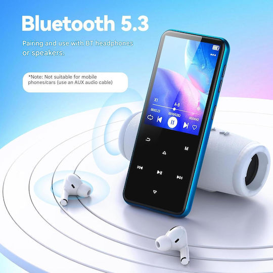 Agptek MP3 Player 64 GB Bluetooth 5.3 Ecran 2.4 Inch Set Căști Cablu USB Tip C Suportă Card Până la 128 GB Butoane Tactile Difuzor Radio FM E-book Alarmă Albastru
