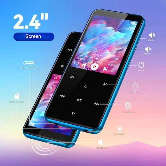 Agptek MP3 Player 64 GB Bluetooth 5.3 Ecran 2.4 Inch Set Căști Cablu USB Tip C Suportă Card Până la 128 GB Butoane Tactile Difuzor Radio FM E-book Alarmă Albastru
