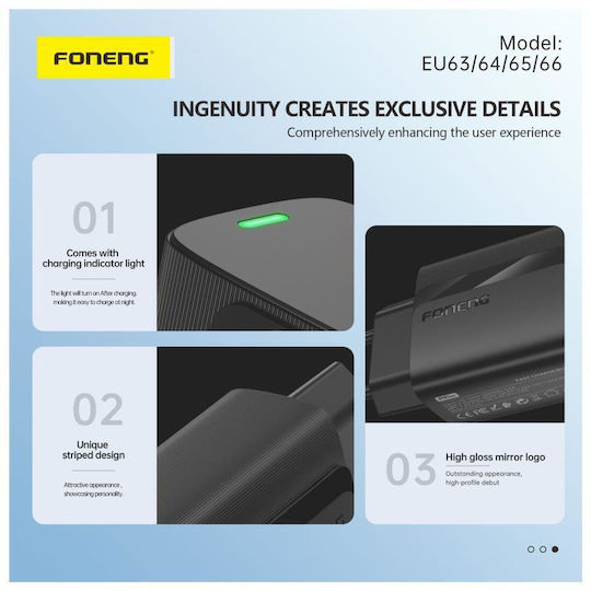 Foneng Charger with USB-C Port and Cable USB-C - USB-C 20W Power Delivery Whites (EU65)