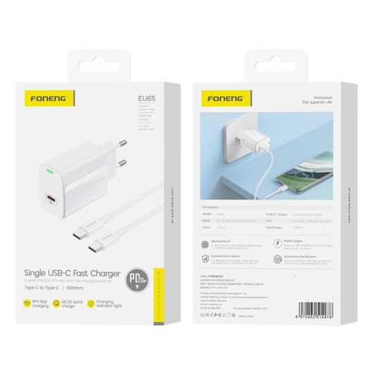 Foneng Charger with USB-C Port and Cable USB-C - USB-C 20W Power Delivery Whites (EU65)