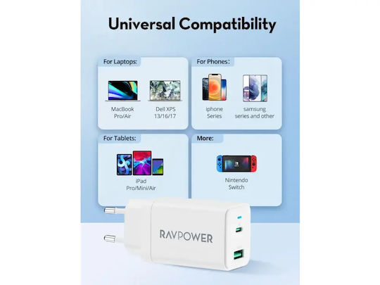 RAVPower Φορτιστής Χωρίς Καλώδιο GaN με Θύρα USB-A και Θύρα USB-C 45W Power Delivery Λευκός (RP-PC171)