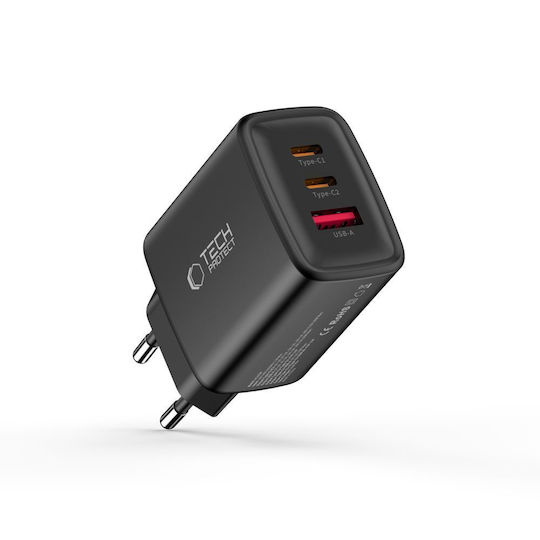 Tech-Protect Зарядно без кабел GaN с USB-A порт и 2 USB-C порта 65W Power Delivery / Quick Charge 3.0 Черен (NCA65W)