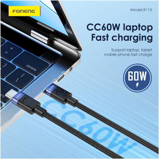 Foneng Braided USB 2.0 Cable USB-C male - USB-C 60W Μαύρο 1m