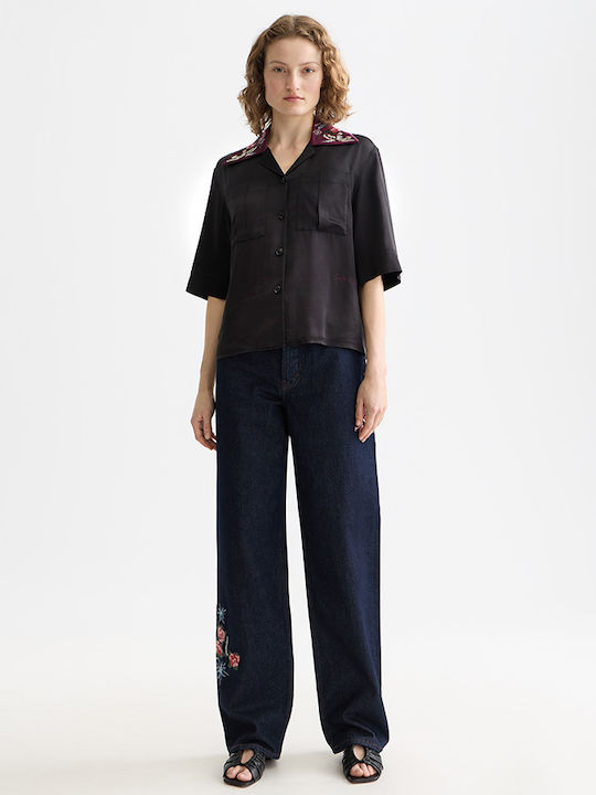 Women's Floral Short Sleeve Shirt Black
