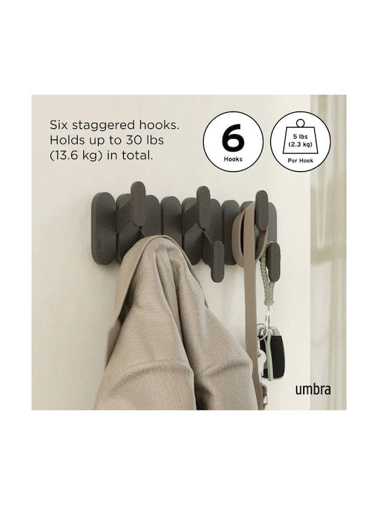 Umbra Plastic Wall Hanger 6 Hooks Black 64x2.5x18.4cm