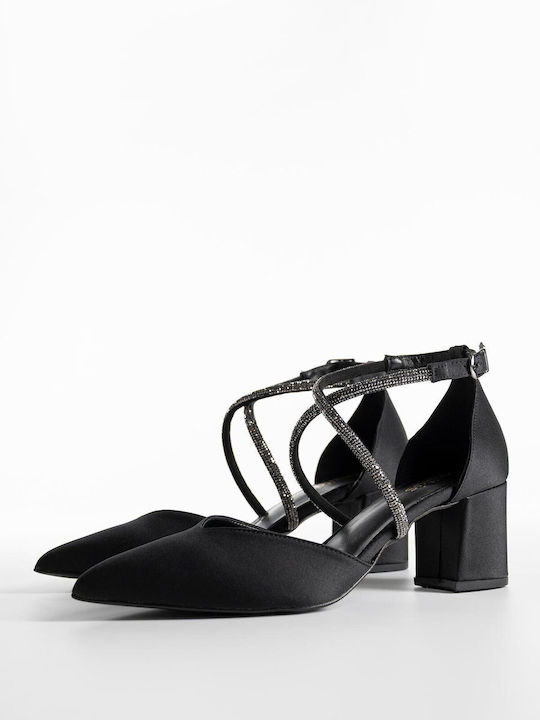 Pointed Toe Heels Satin with Strap and Chunky Medium Heel Black A26-069-0586 Satin-Black