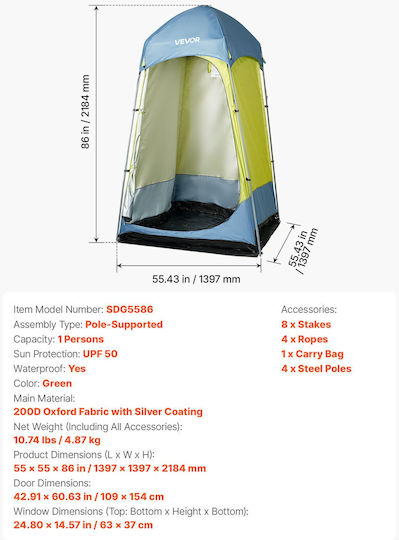 Vevor Camping Toilet Tent Blue 3 Seasons 139.7x139.7x218cm