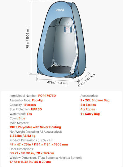 Vevor Σκηνή Camping Pop Up Τουαλέτας Μπλε 3 Εποχών 119.4x119.4x190εκ.