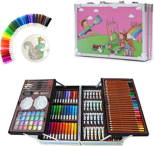 Kidsart Komplettes Tragbares Malset 145 Teile Kinder Filzstifte Buntstifte Aquarelle Pinsel 34cm Mädchen Pink Kinder Kunstset