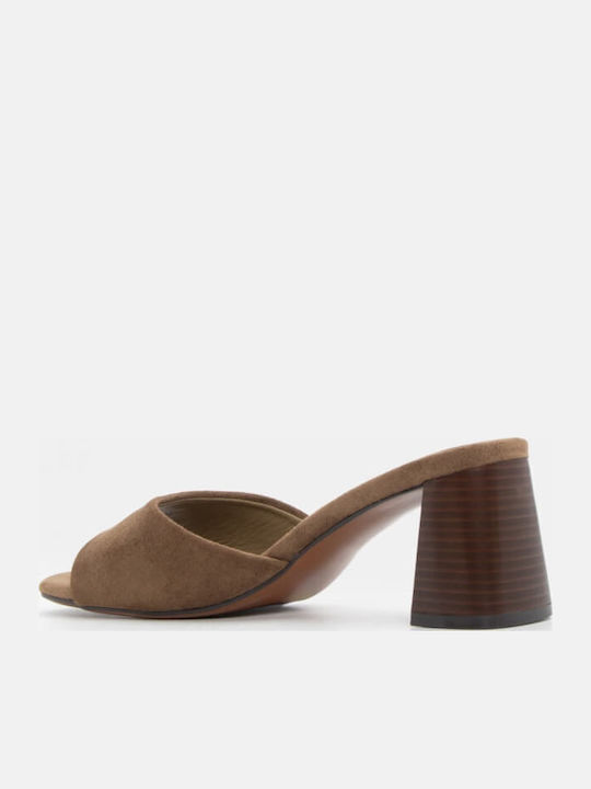 Suede Mules με Χοντρό Χαμηλό Τακούνι σε Χακί Χρώμα