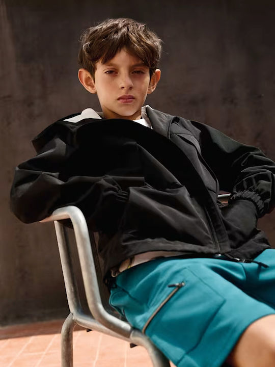 Kids Sports Long Windproof Jacket with Hood Black