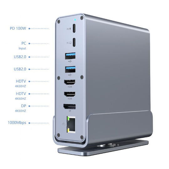 Cablexpert USB-C Docking Station με HDMI/DisplayPort 4K PD Ethernet και σύνδεση 3 Οθονών Γκρι (A-CF-COMBO15-01)