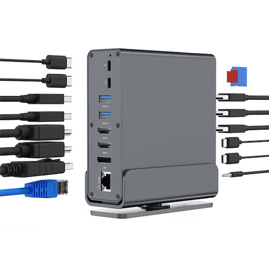 Cablexpert USB-C Docking Station με HDMI/DisplayPort 4K PD Ethernet και σύνδεση 3 Οθονών Γκρι (A-CF-COMBO15-01)