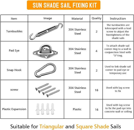 Set of 8 Pieces Inox Shade Net Fixings