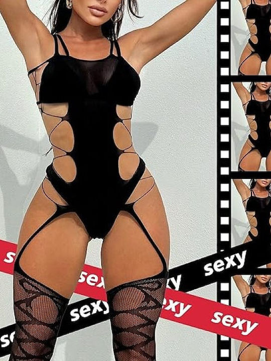 Smd Midnight Desire Noir Intimate Series Sexy Fishnet & Lace Crotchless Garter Bodysuit One Size Black