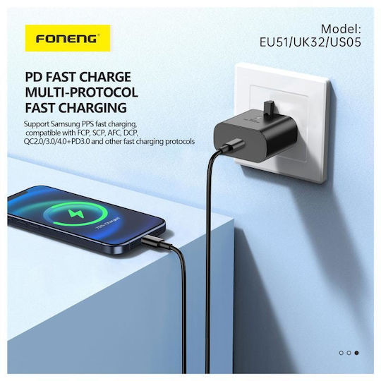 Foneng Φορτιστής GaN με Θύρα USB-C και Καλώδιο USB-C - USB-C 25W Power Delivery / Quick Charge 2.0 Μαύρος (EU51)