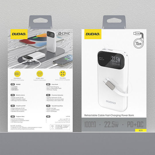 Dudao K31 Power Bank 10000mAh 22.5W with USB-C Port Power Delivery White
