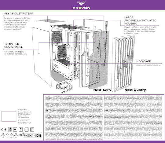 Preyon Nest Quarry Gaming Full Tower Κουτί Υπολογιστή με Πλαϊνό Παράθυρο και ARGB Φωτισμό Μαύρο