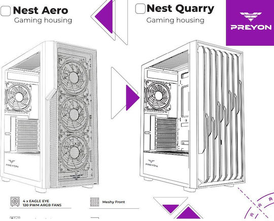 Preyon Nest Quarry Gaming Full Tower Κουτί Υπολογιστή με Πλαϊνό Παράθυρο και ARGB Φωτισμό Μαύρο
