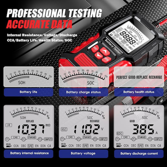 Foxsur Fbt-300 Tester Inteligent de Baterii 12v/24v Mașini Motociclete Ecran Lcd 2.7" Compatibil Vrla Gel Agm Efb Std Baterii Negru Roșu