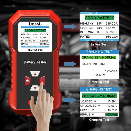 Lancol Micro-500 Tester Baterie Auto Verificare Rapidă 12v Compatibil Plumb-acid Lifepo4 Agm Gel Efb Rezultate Prin Cod Qr