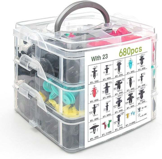 Set 680 Clipsuri Universale de Fixare Auto Kit de Reparare Cleme din Plastic 23 Dimensiuni de la 5 mm la 100 mm Uși Aripi Bare de Protecție Scuturi Multicolore