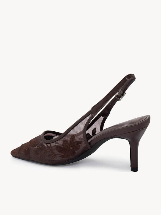 Brown Heels Slingback Embroidered Tulle
