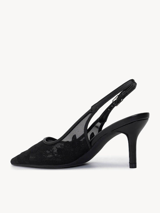 Pantofi Cu Toc Negri Slingback Din Tul Brodat