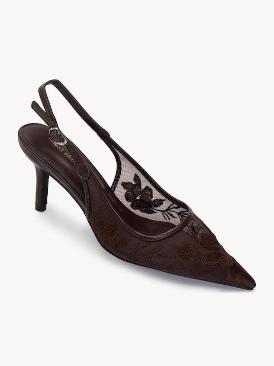 Brown Heels Slingback Embroidered Tulle