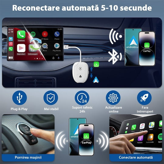 Wireless Adapter Tht-020-9-1 Apple Carplay Android Auto Usb-type-c Dongle 5g Wifi Bluetooth Automatic Connection White