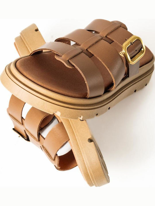 Leder Flache Sandalen für Damen Flatforms in Tabac Braun Farbe