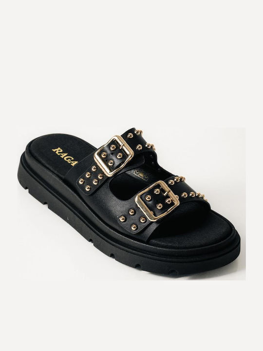 Δερμάτινα Γυναικεία Σανδάλια Flatforms Μαύρα