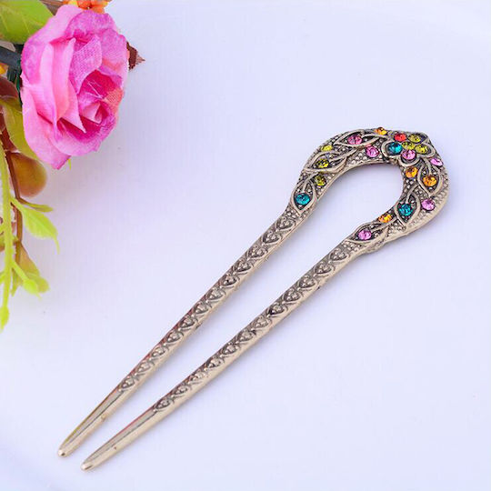 Ξυλάκι Φουρκέτα Μαλλιών U-σχήμα Chop Stick Vintage Χρυσαφί Kρύσταλλα Julia