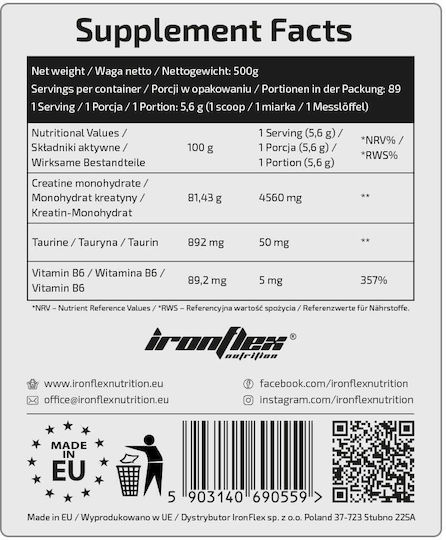 Ironflex Nutrition Creatine Monohydrate με Γεύση Natural 500gr