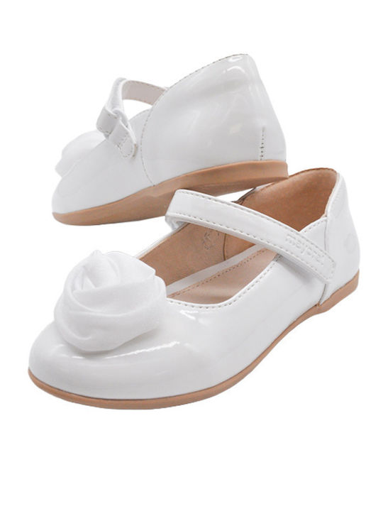 Kids Leather Ballerinas with Hoop & Loop Closure White