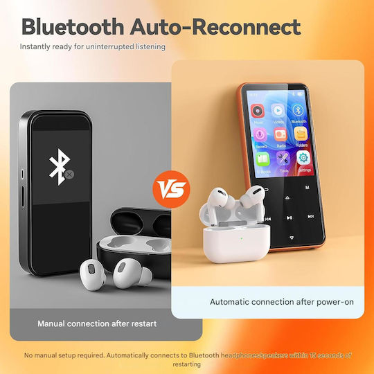 Agptek 64 Gb Mp3 Player Bluetooth 5.3 Ecran de 2.4 Inch Set Căști Cablu Usb Type C Suportă Card Până la 128gb Difuzor Radio Fm E-book Alarmă Portocaliu